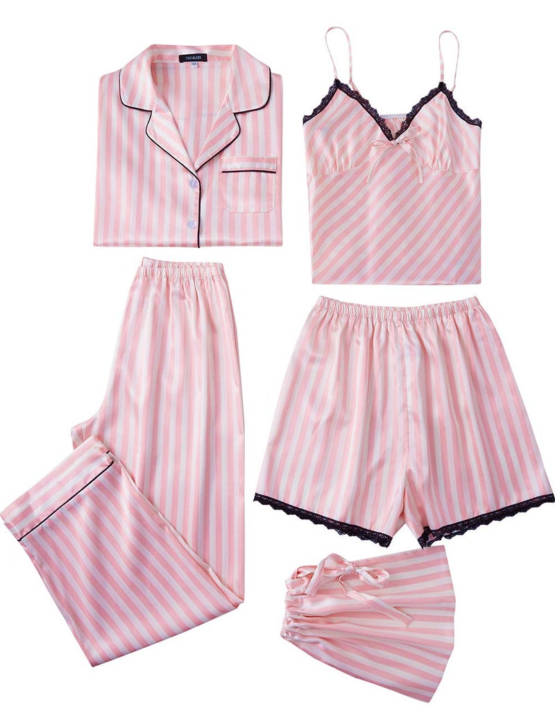Escalier Womens 5pcs Silk Satin Pajama Set Cami Pjs Sleepwear Button Down Pj Sets Loungewear Pink M - Image 1